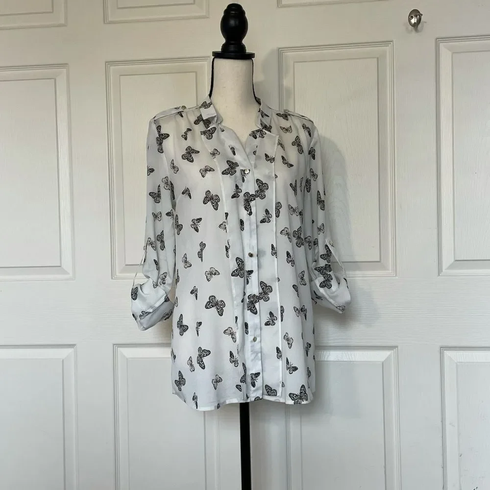OASĀP Semi-Sheer Button Down Butterfly Blouse, L - Picture 9 of 16